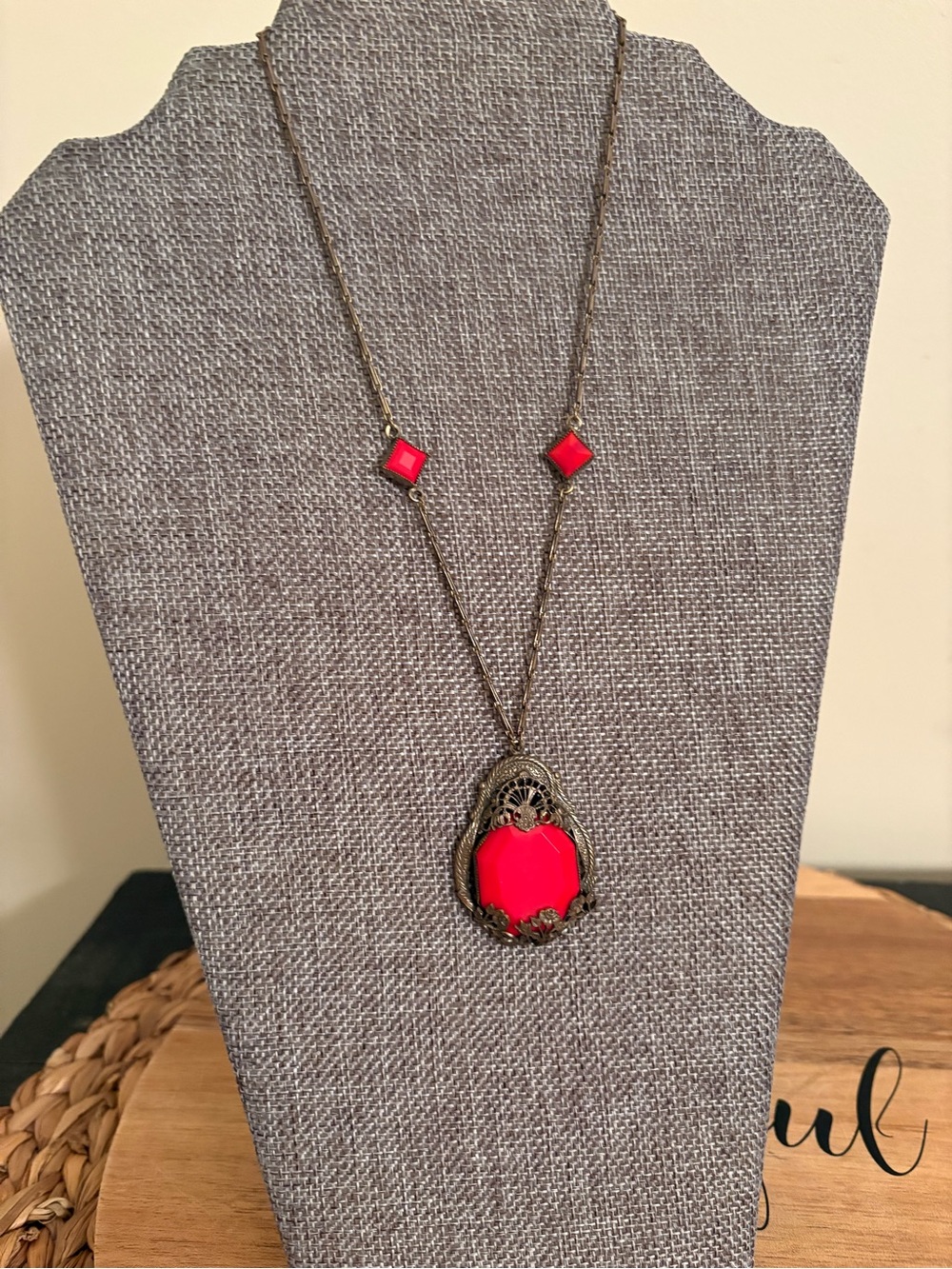 Antique Brass Filigree Necklace with Bright Red Pendant Victorian